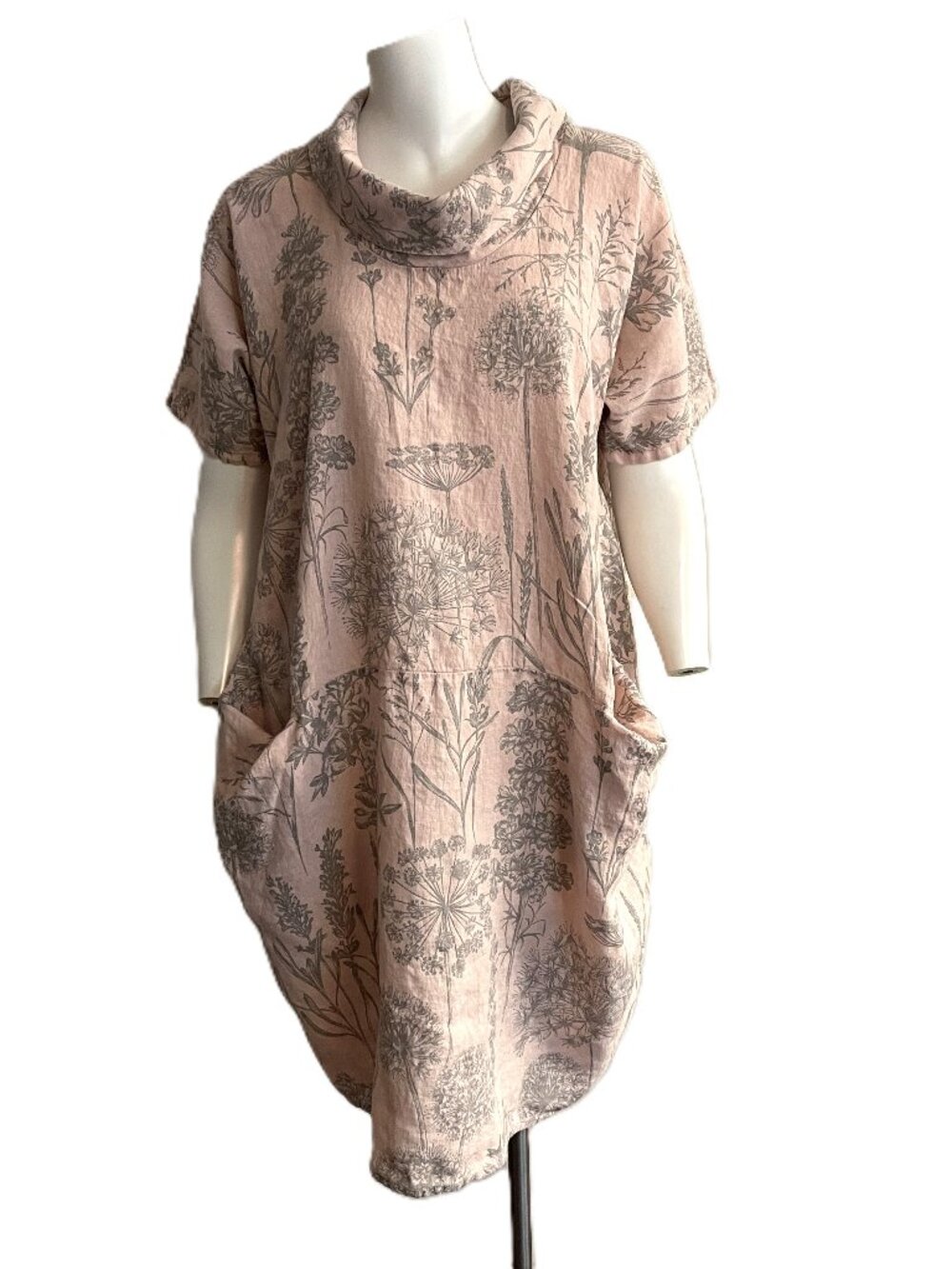 Blueberry Italia Linen Dress Medium Pink Floral Pockets Lagenlook Lagom Relaxed
